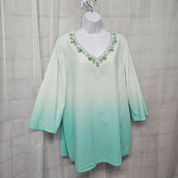Krazy Kat Green Ombre Beaded Blouse Peasant Hippie Beach Festival L - Picture 5 of 12
